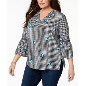 CHARTER CLUB | Gingham Print 3/4 Sleeve Top with Embroidered Flowers | Size 2X